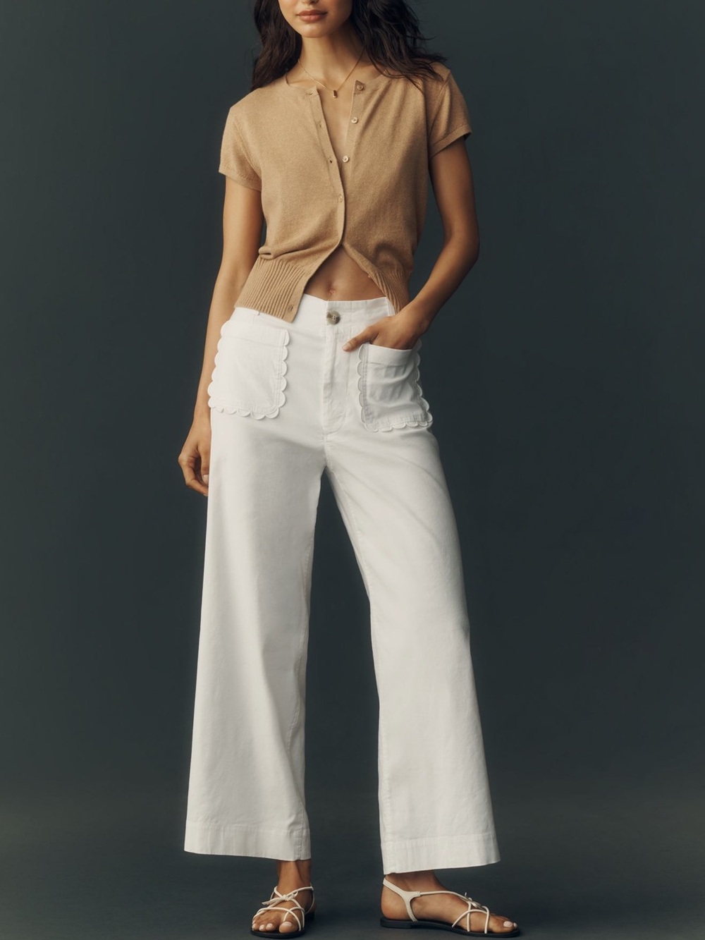 Anthropologie Maeve Colette Scallop Pants High Waisted Wide Leg White 33